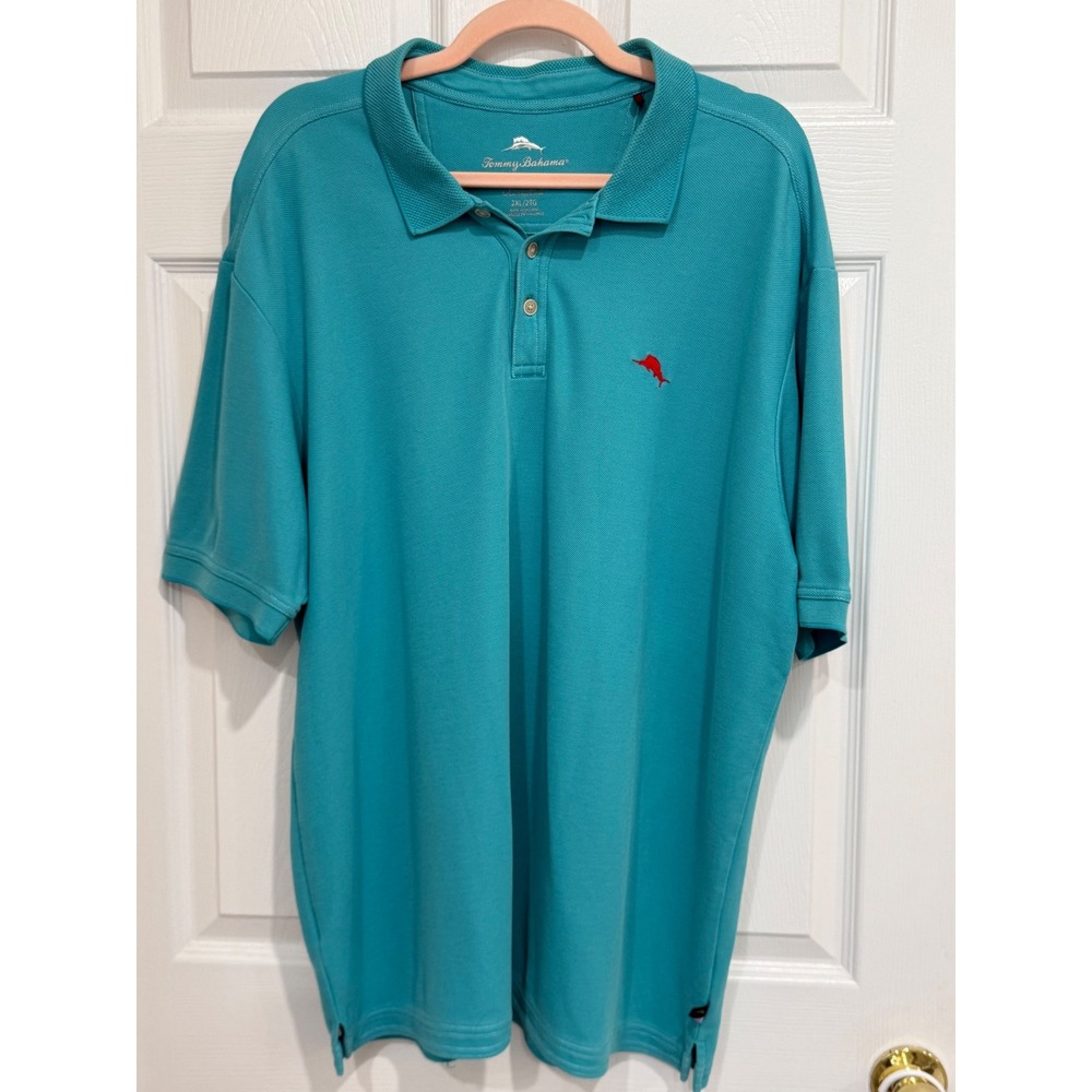 Tommy Bahama Mens 2XL Emfielder Polo Shirt Teal Blue Supima Cotton Marlin Logo
